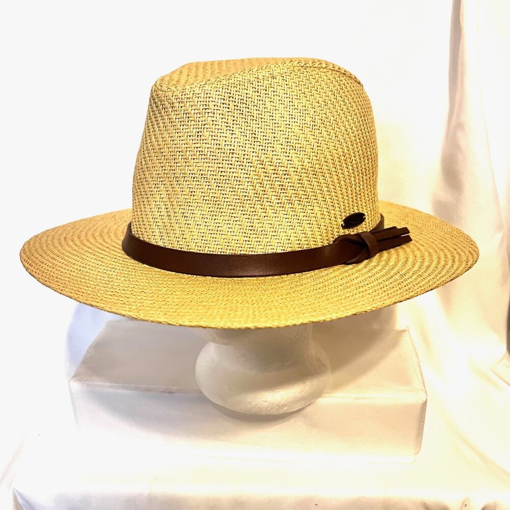 Panama Jack Original Tan Straw Natural Hat-Brown Band-12 1/2' dia.-Inside 6 1/2 - Picture 2 of 15